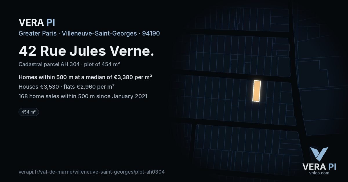 42 Rue Jules Verne, Villeneuve-Saint-Georges at night – the plot lit, the parcels around coloured by the prices near them