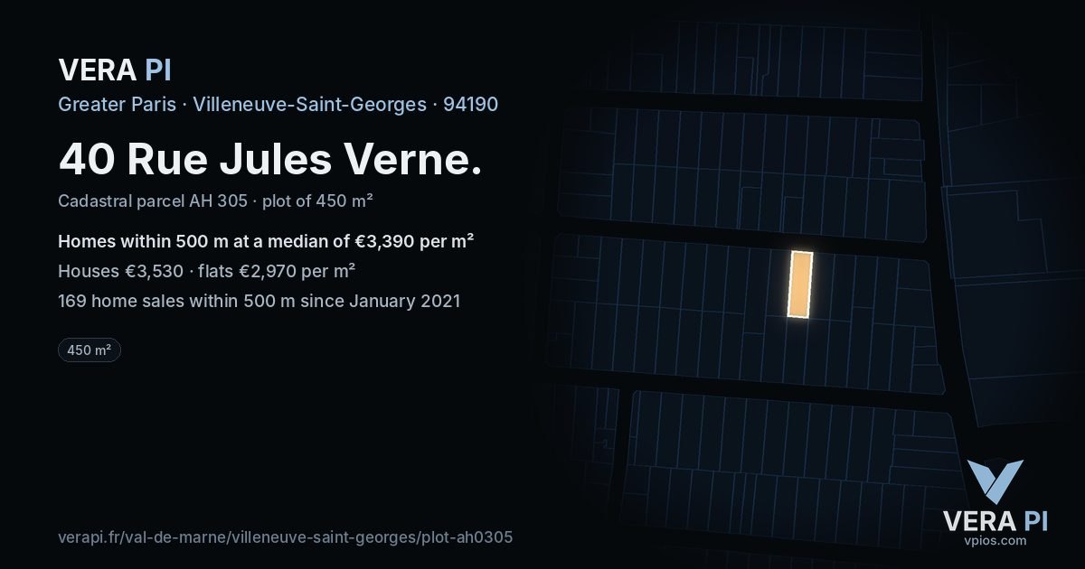 40 Rue Jules Verne, Villeneuve-Saint-Georges at night – the plot lit, the parcels around coloured by the prices near them