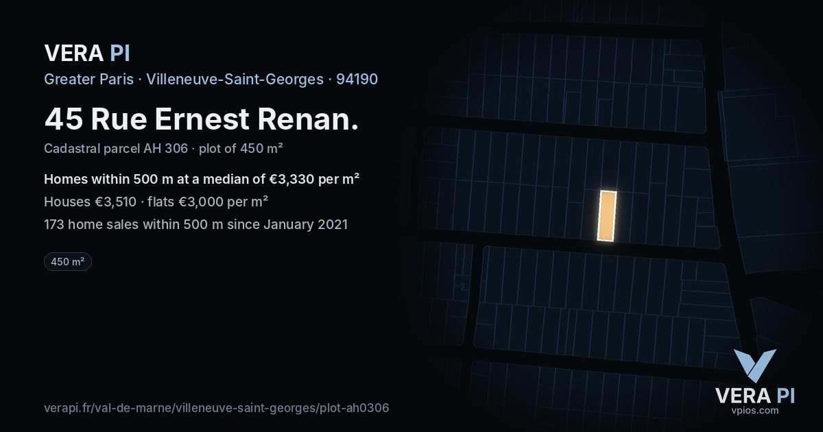 45 Rue Ernest Renan, Villeneuve-Saint-Georges at night – the plot lit, the parcels around coloured by the prices near them