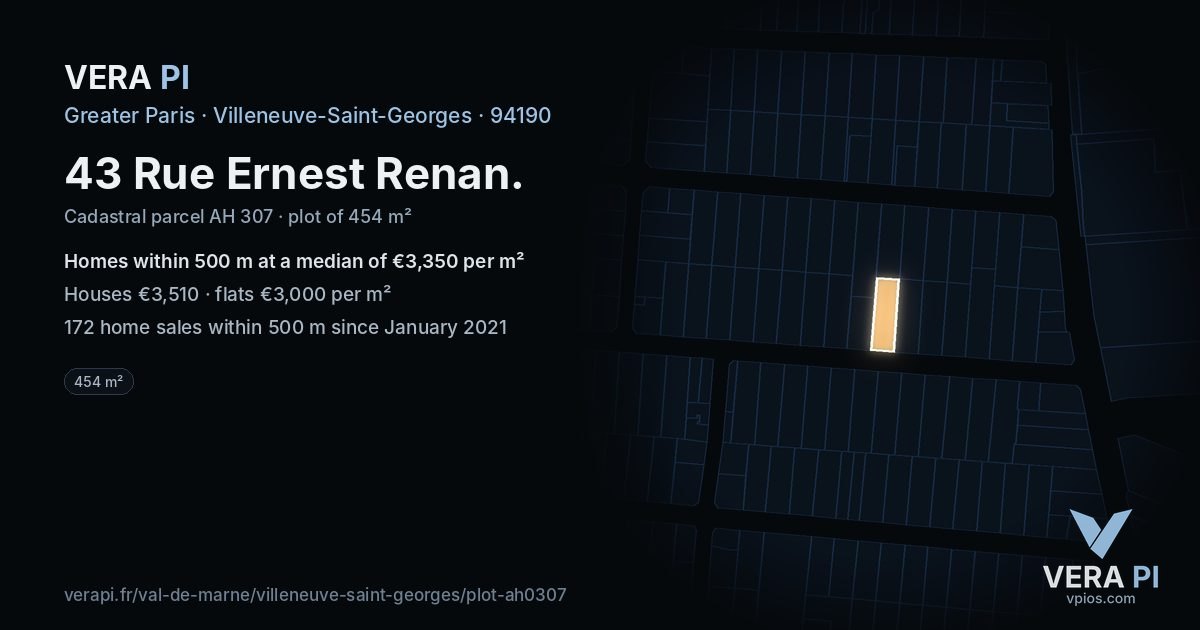43 Rue Ernest Renan, Villeneuve-Saint-Georges at night – the plot lit, the parcels around coloured by the prices near them