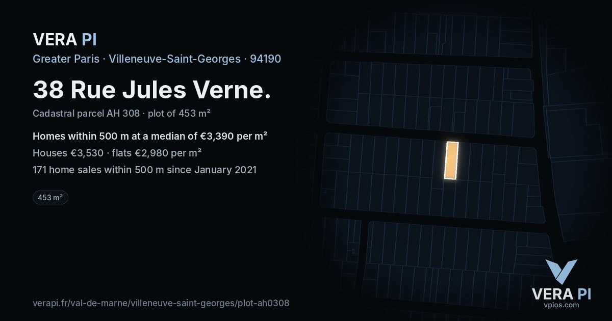 38 Rue Jules Verne, Villeneuve-Saint-Georges at night – the plot lit, the parcels around coloured by the prices near them