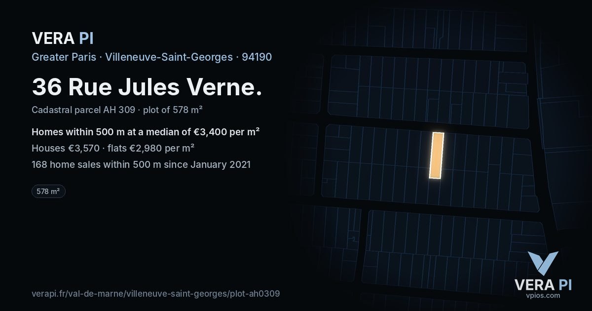 36 Rue Jules Verne, Villeneuve-Saint-Georges at night – the plot lit, the parcels around coloured by the prices near them