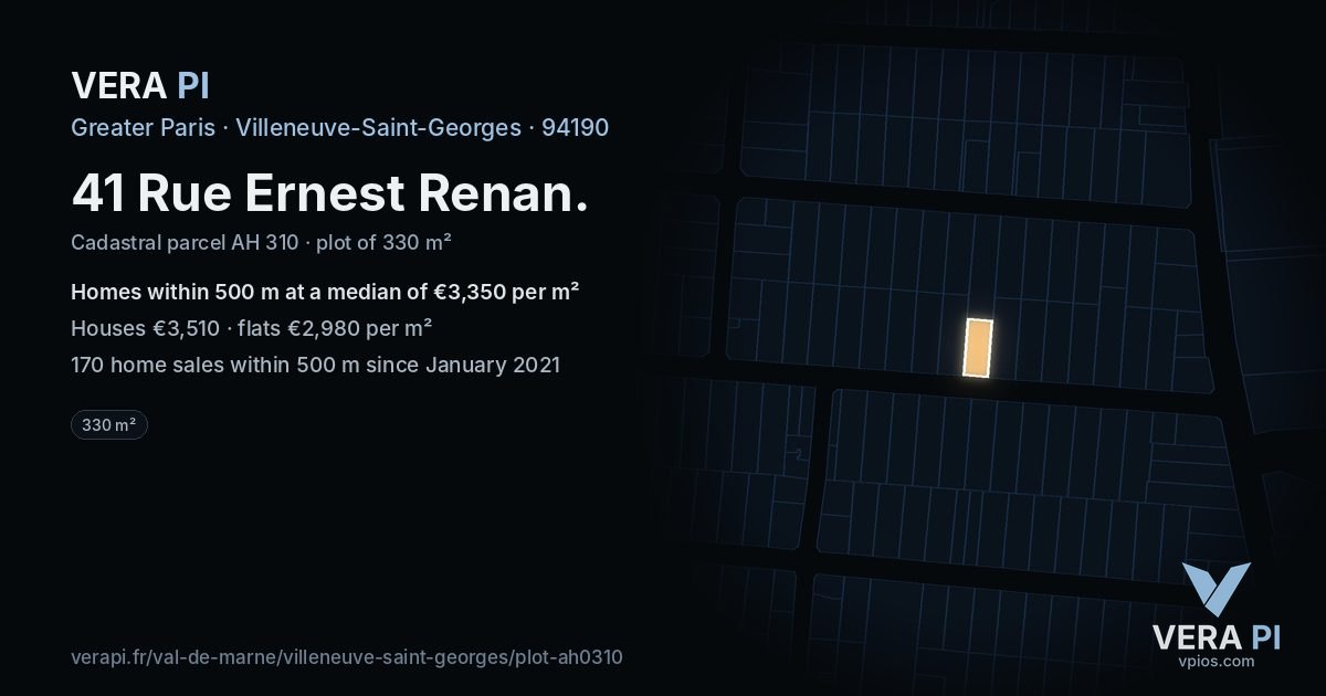 41 Rue Ernest Renan, Villeneuve-Saint-Georges at night – the plot lit, the parcels around coloured by the prices near them