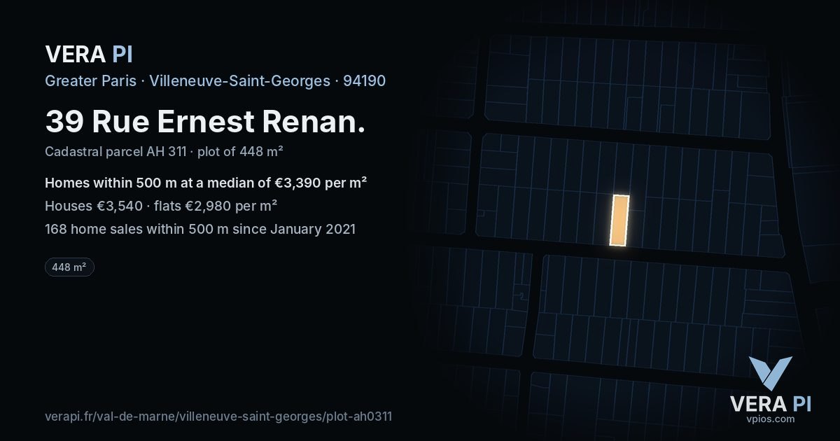 39 Rue Ernest Renan, Villeneuve-Saint-Georges at night – the plot lit, the parcels around coloured by the prices near them