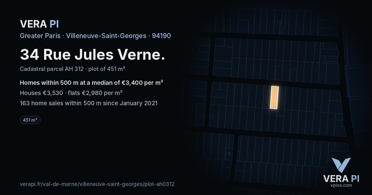 34 Rue Jules Verne, Villeneuve-Saint-Georges at night – the plot lit, the parcels around coloured by the prices near them