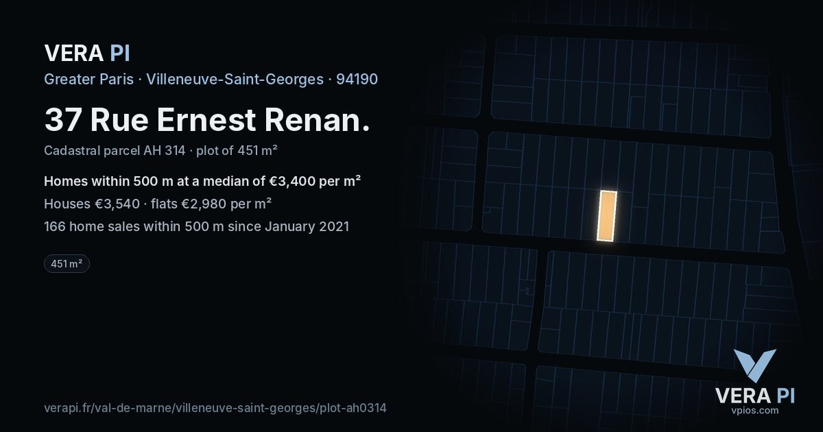 37 Rue Ernest Renan, Villeneuve-Saint-Georges at night – the plot lit, the parcels around coloured by the prices near them