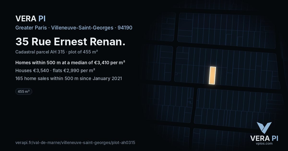 35 Rue Ernest Renan, Villeneuve-Saint-Georges at night – the plot lit, the parcels around coloured by the prices near them