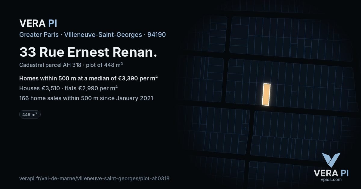 33 Rue Ernest Renan, Villeneuve-Saint-Georges at night – the plot lit, the parcels around coloured by the prices near them
