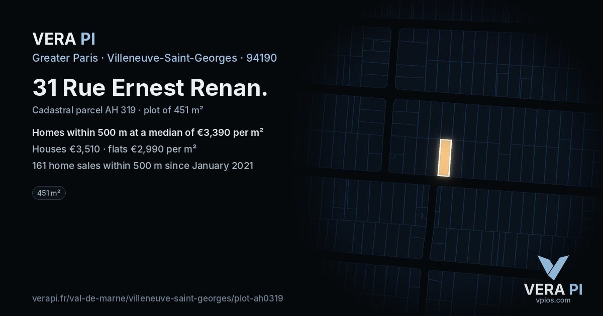 31 Rue Ernest Renan, Villeneuve-Saint-Georges at night – the plot lit, the parcels around coloured by the prices near them