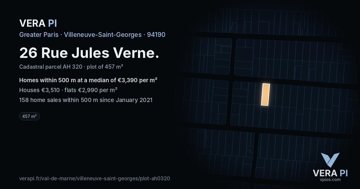 26 Rue Jules Verne, Villeneuve-Saint-Georges at night – the plot lit, the parcels around coloured by the prices near them