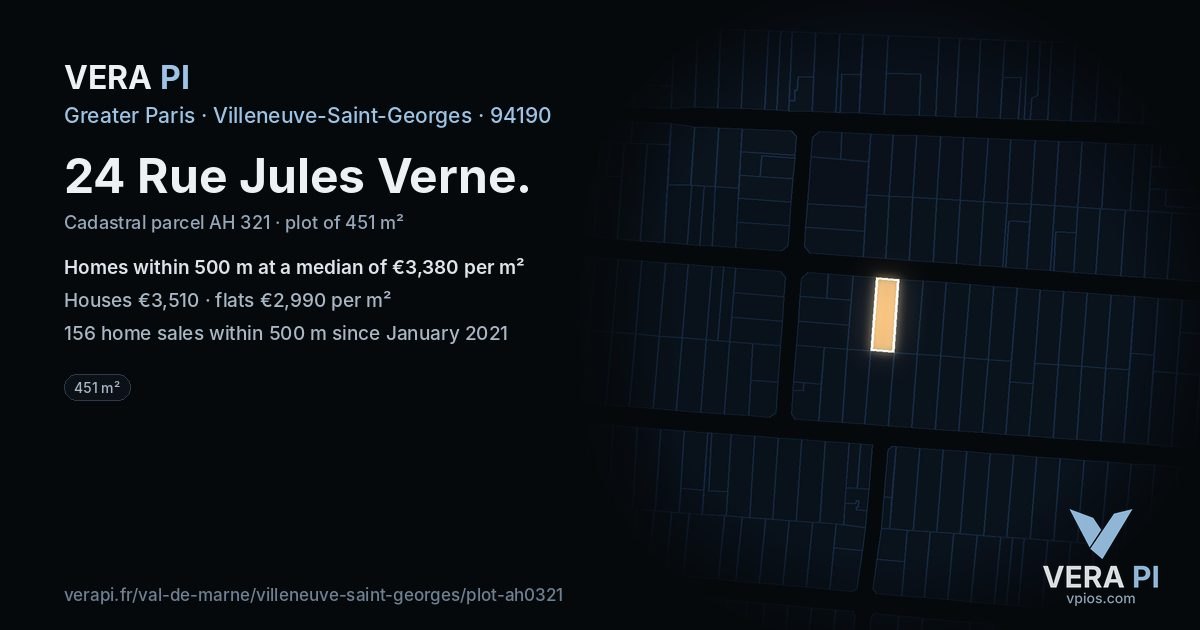 24 Rue Jules Verne, Villeneuve-Saint-Georges at night – the plot lit, the parcels around coloured by the prices near them