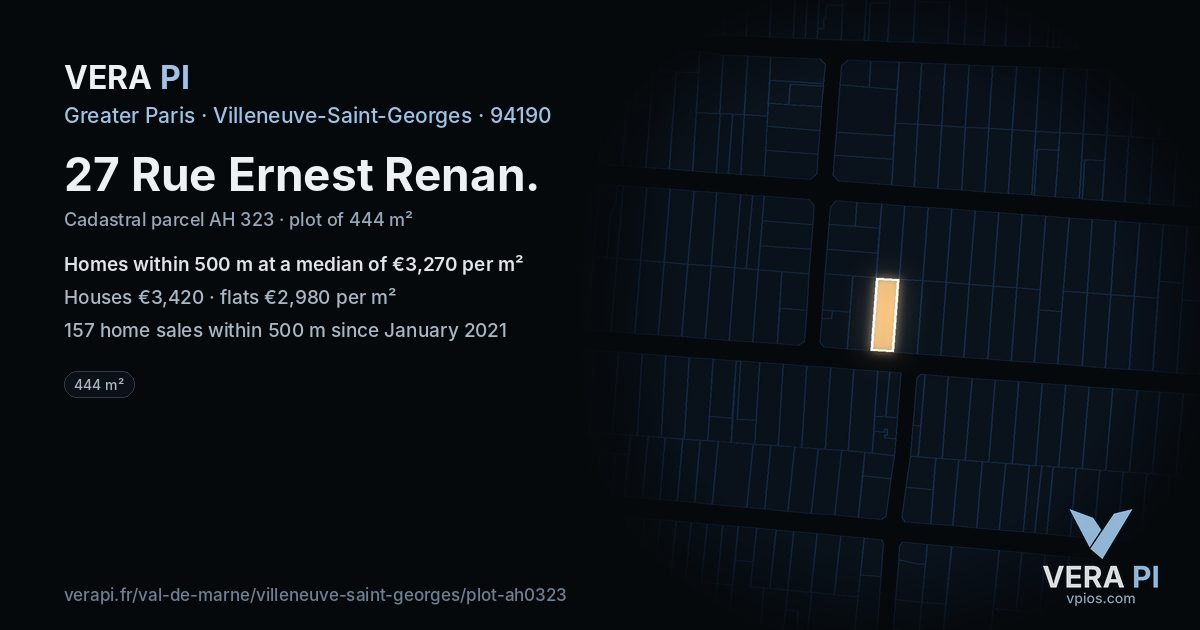 27 Rue Ernest Renan, Villeneuve-Saint-Georges at night – the plot lit, the parcels around coloured by the prices near them