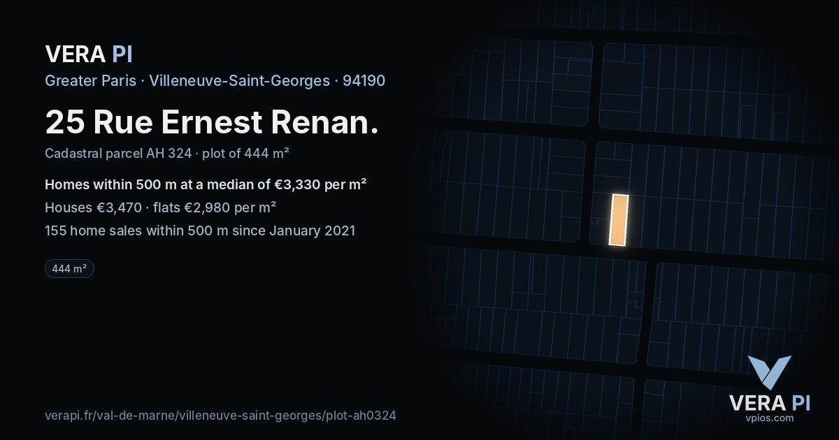 25 Rue Ernest Renan, Villeneuve-Saint-Georges at night – the plot lit, the parcels around coloured by the prices near them
