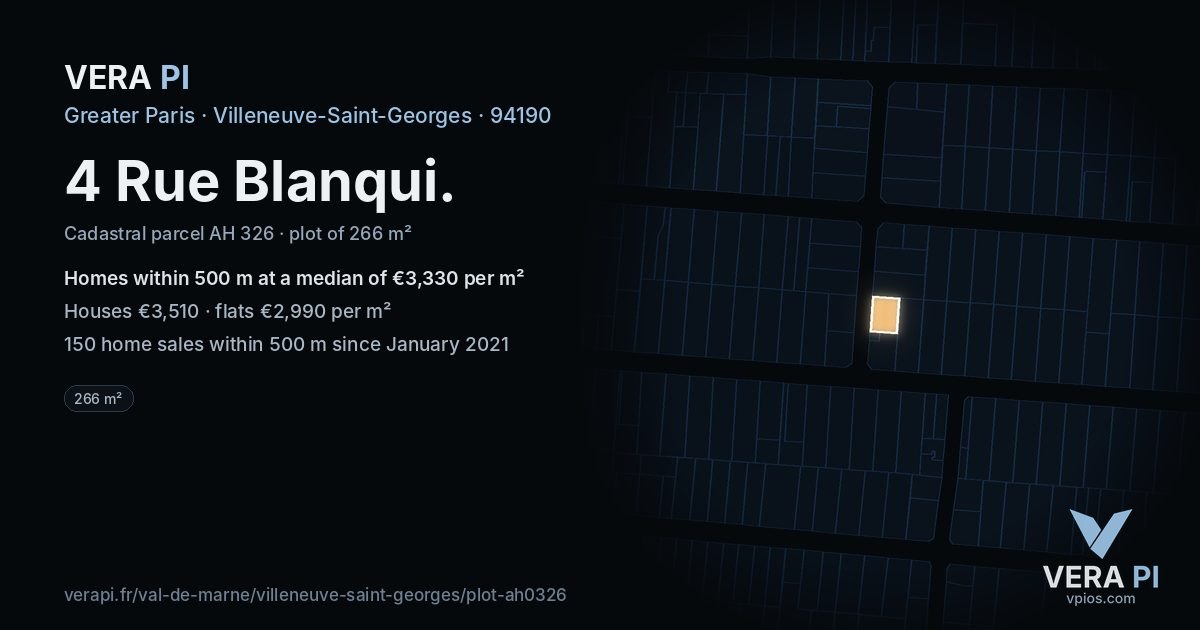 4 Rue Blanqui, Villeneuve-Saint-Georges at night – the plot lit, the parcels around coloured by the prices near them