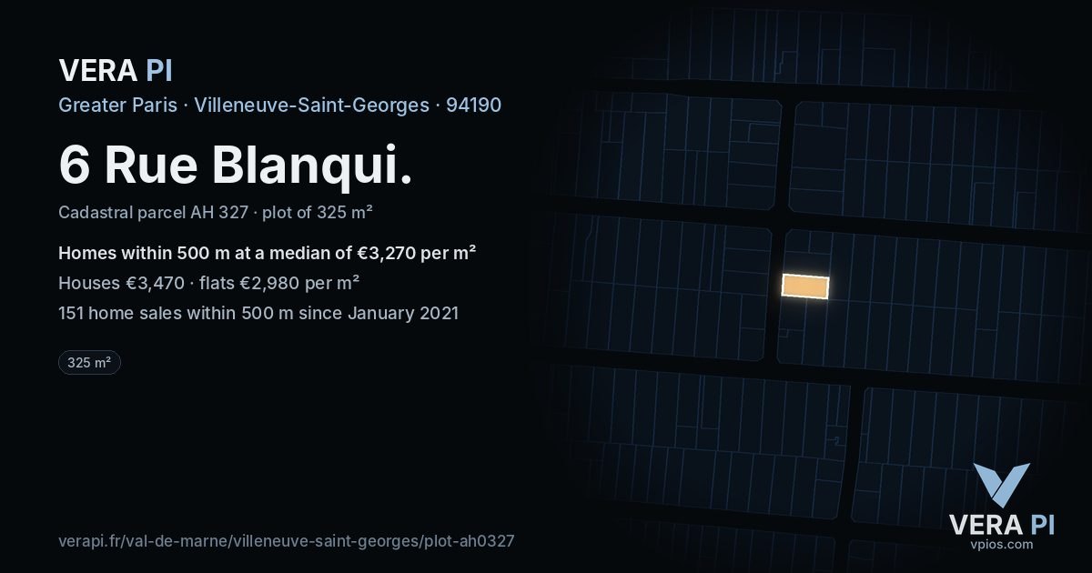 6 Rue Blanqui, Villeneuve-Saint-Georges at night – the plot lit, the parcels around coloured by the prices near them