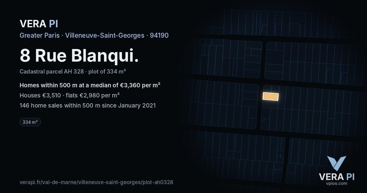 8 Rue Blanqui, Villeneuve-Saint-Georges at night – the plot lit, the parcels around coloured by the prices near them