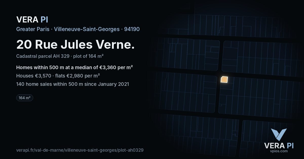 20 Rue Jules Verne, Villeneuve-Saint-Georges at night – the plot lit, the parcels around coloured by the prices near them