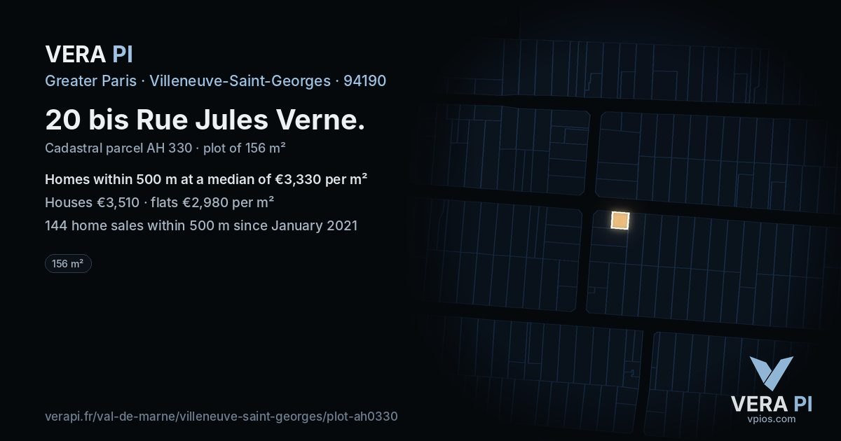 20 bis Rue Jules Verne, Villeneuve-Saint-Georges at night – the plot lit, the parcels around coloured by the prices near them
