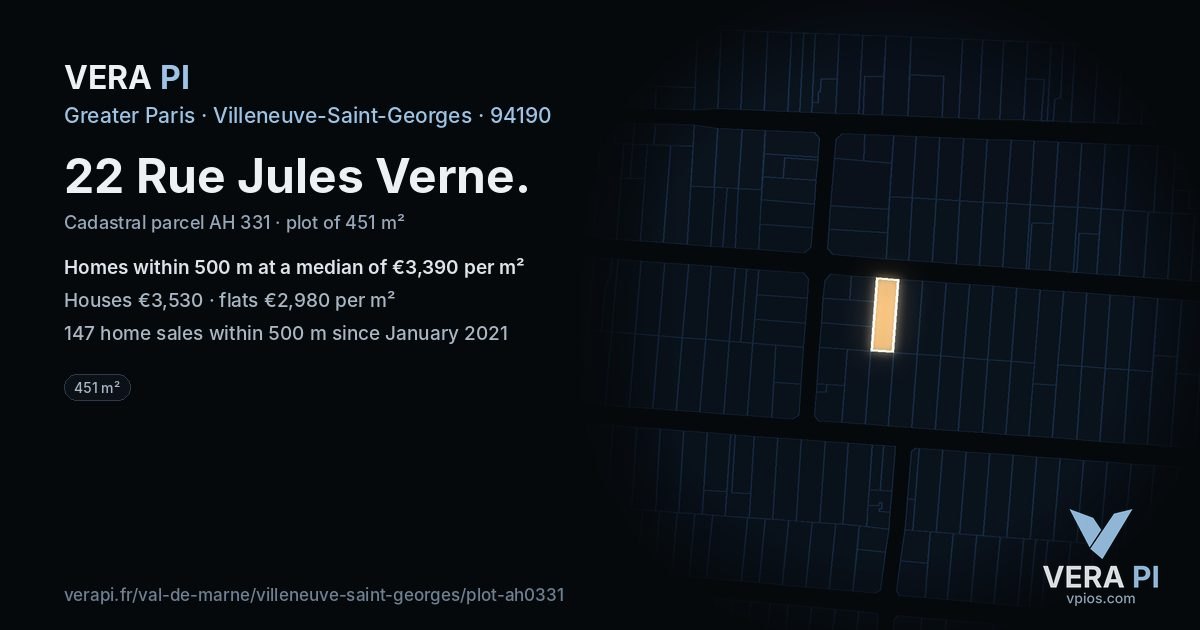 22 Rue Jules Verne, Villeneuve-Saint-Georges at night – the plot lit, the parcels around coloured by the prices near them