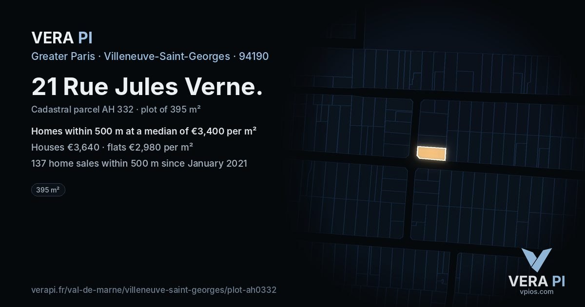 21 Rue Jules Verne, Villeneuve-Saint-Georges at night – the plot lit, the parcels around coloured by the prices near them