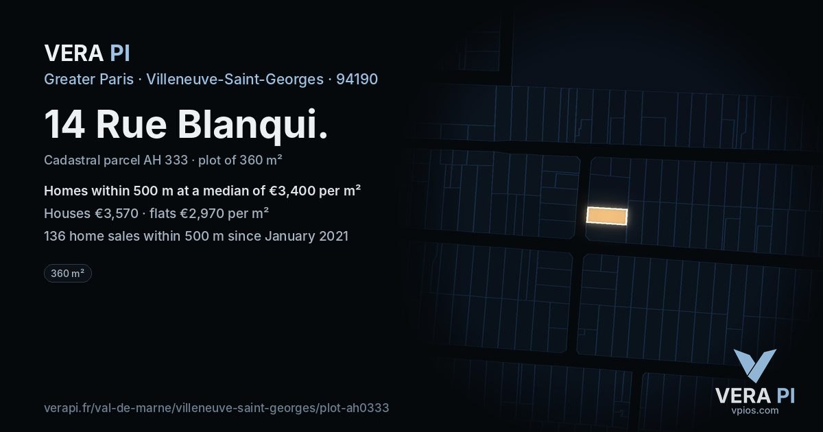 14 Rue Blanqui, Villeneuve-Saint-Georges at night – the plot lit, the parcels around coloured by the prices near them