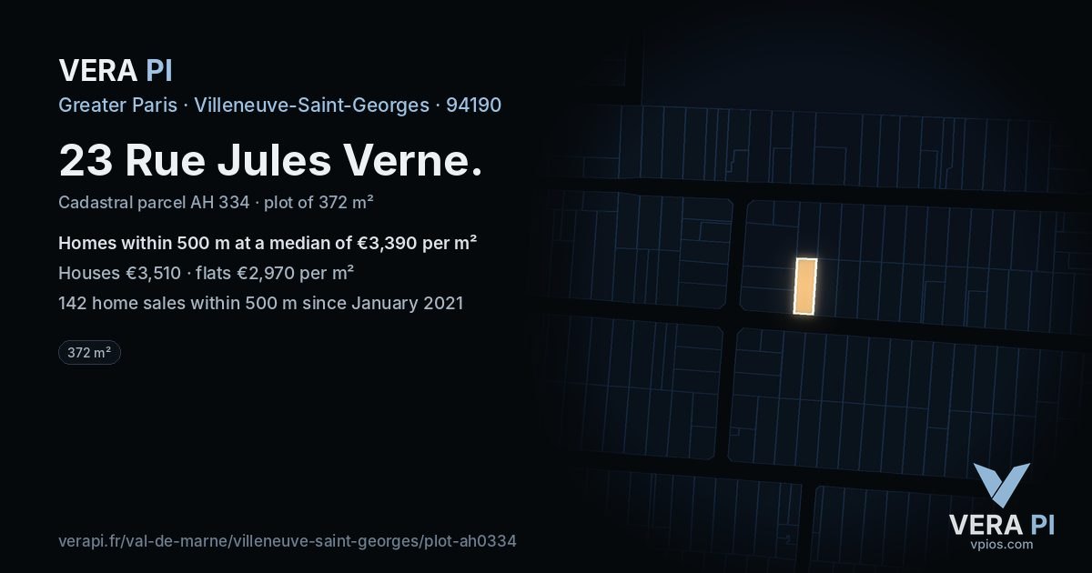 23 Rue Jules Verne, Villeneuve-Saint-Georges at night – the plot lit, the parcels around coloured by the prices near them
