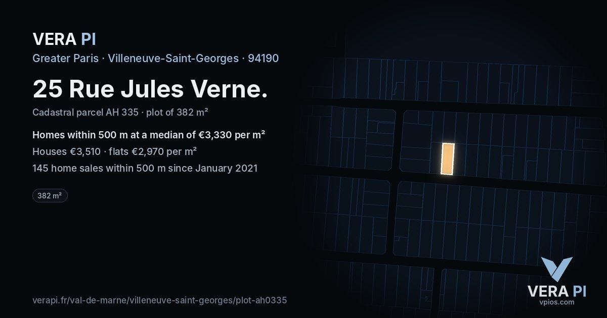 25 Rue Jules Verne, Villeneuve-Saint-Georges at night – the plot lit, the parcels around coloured by the prices near them