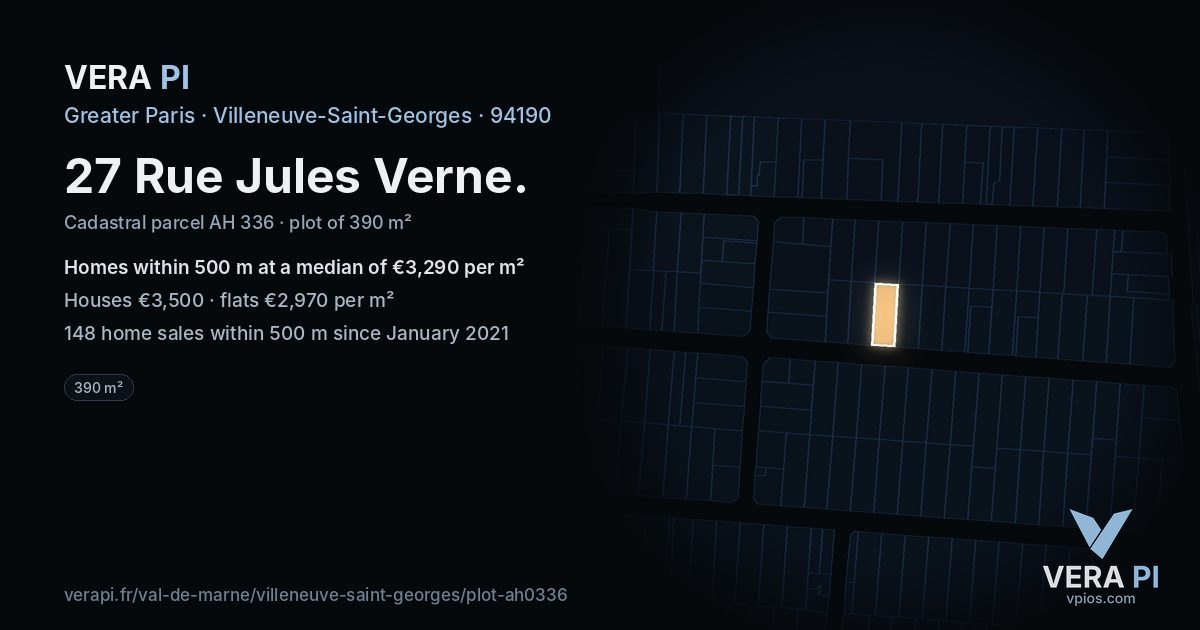 27 Rue Jules Verne, Villeneuve-Saint-Georges at night – the plot lit, the parcels around coloured by the prices near them