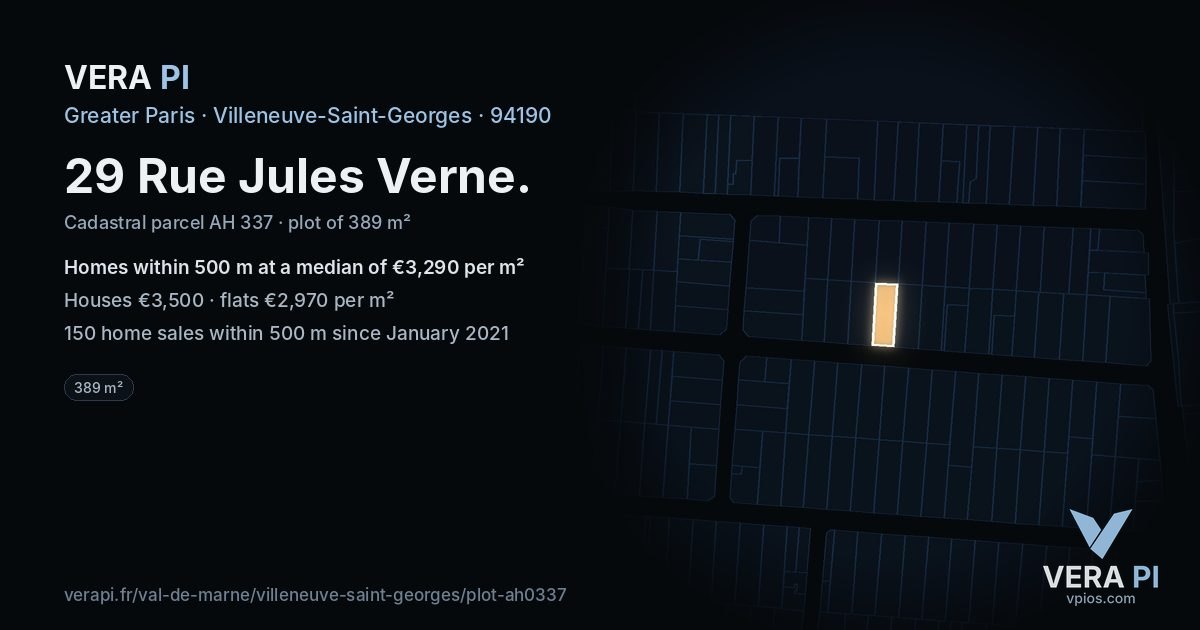 29 Rue Jules Verne, Villeneuve-Saint-Georges at night – the plot lit, the parcels around coloured by the prices near them