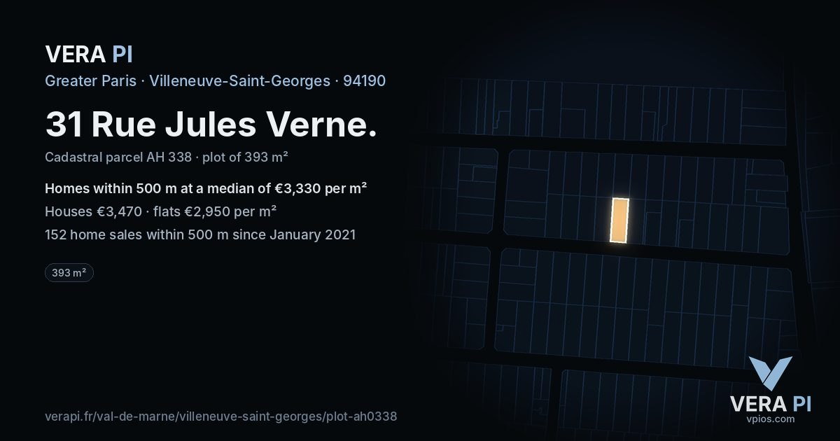 31 Rue Jules Verne, Villeneuve-Saint-Georges at night – the plot lit, the parcels around coloured by the prices near them