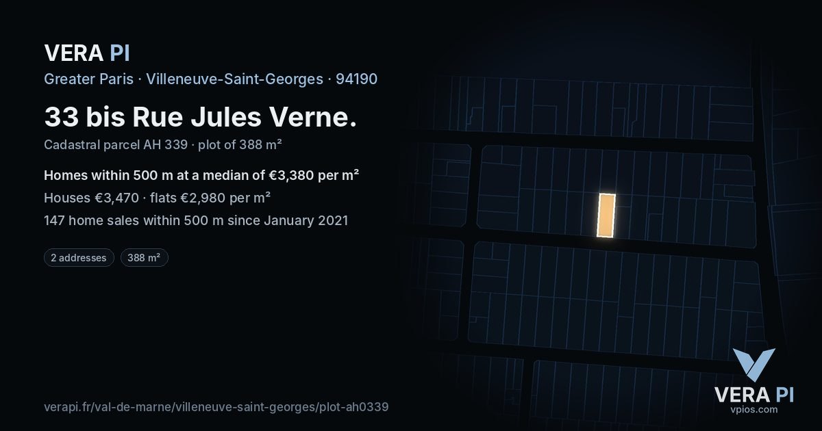 33 bis Rue Jules Verne, Villeneuve-Saint-Georges at night – the plot lit, the parcels around coloured by the prices near them
