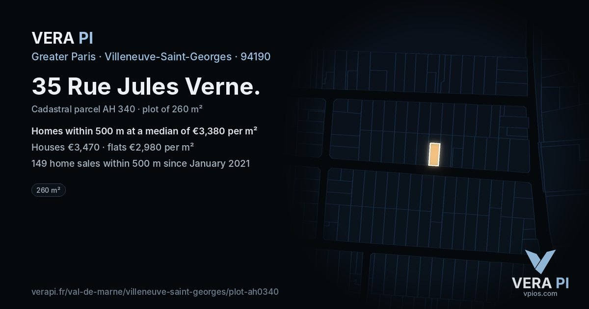 35 Rue Jules Verne, Villeneuve-Saint-Georges at night – the plot lit, the parcels around coloured by the prices near them