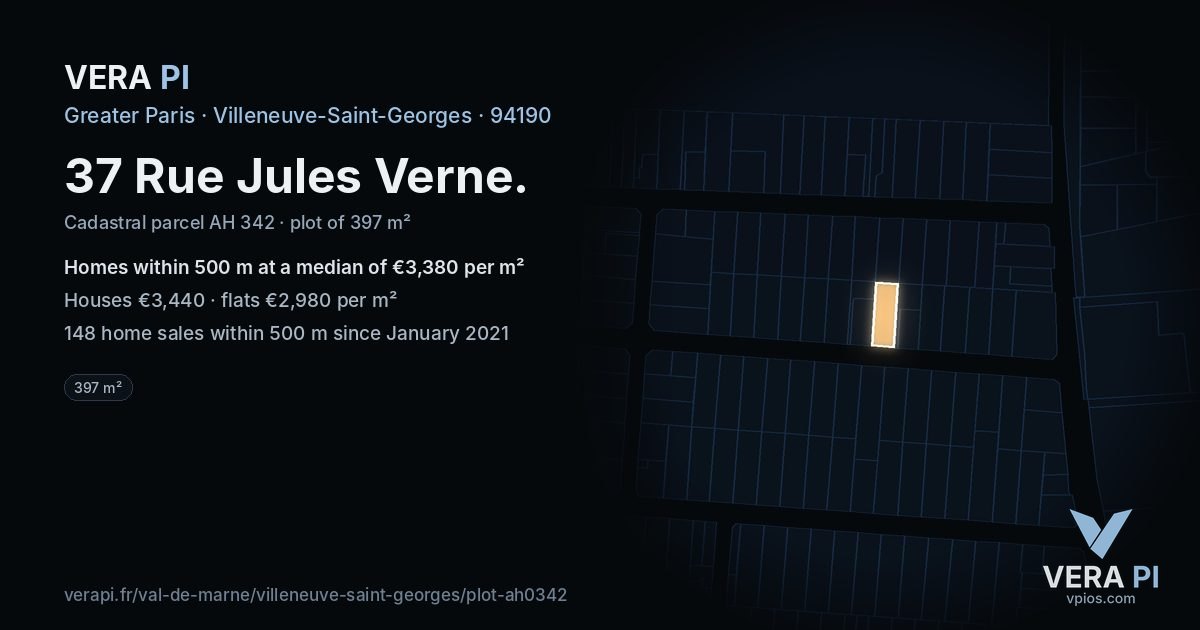 37 Rue Jules Verne, Villeneuve-Saint-Georges at night – the plot lit, the parcels around coloured by the prices near them
