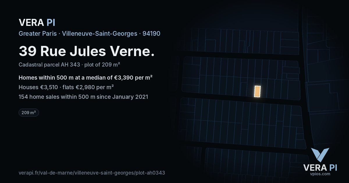 39 Rue Jules Verne, Villeneuve-Saint-Georges at night – the plot lit, the parcels around coloured by the prices near them