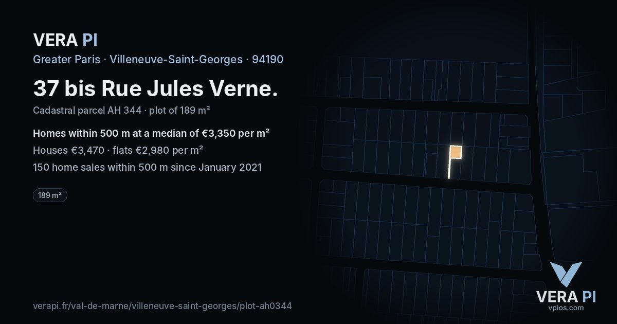37 bis Rue Jules Verne, Villeneuve-Saint-Georges at night – the plot lit, the parcels around coloured by the prices near them