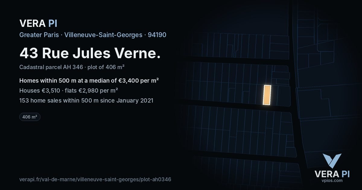 43 Rue Jules Verne, Villeneuve-Saint-Georges at night – the plot lit, the parcels around coloured by the prices near them