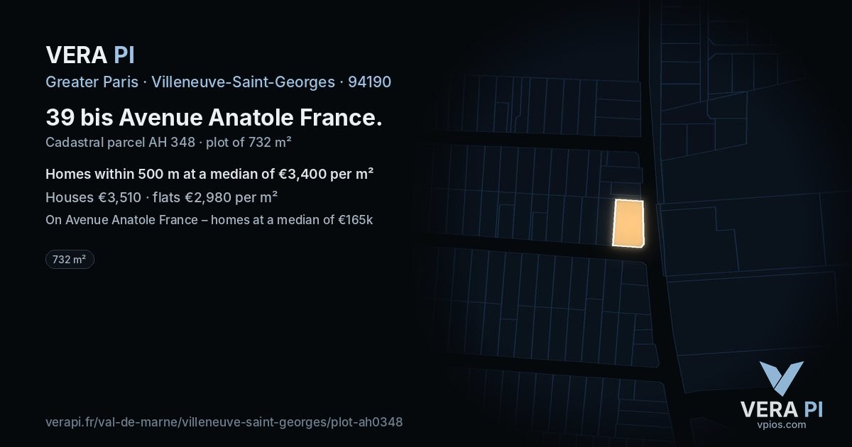 39 bis Avenue Anatole France, Villeneuve-Saint-Georges at night – the plot lit, the parcels around coloured by the prices near them