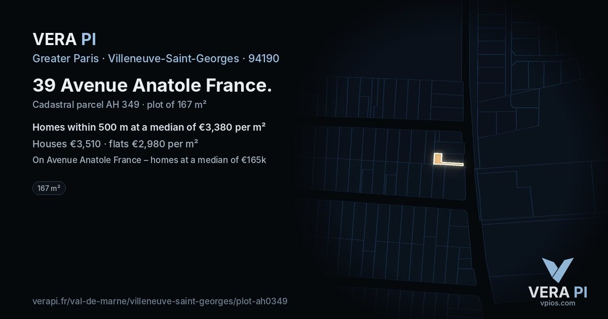 39 Avenue Anatole France, Villeneuve-Saint-Georges at night – the plot lit, the parcels around coloured by the prices near them
