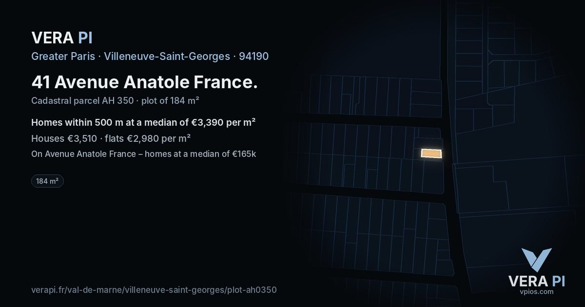 41 Avenue Anatole France, Villeneuve-Saint-Georges at night – the plot lit, the parcels around coloured by the prices near them