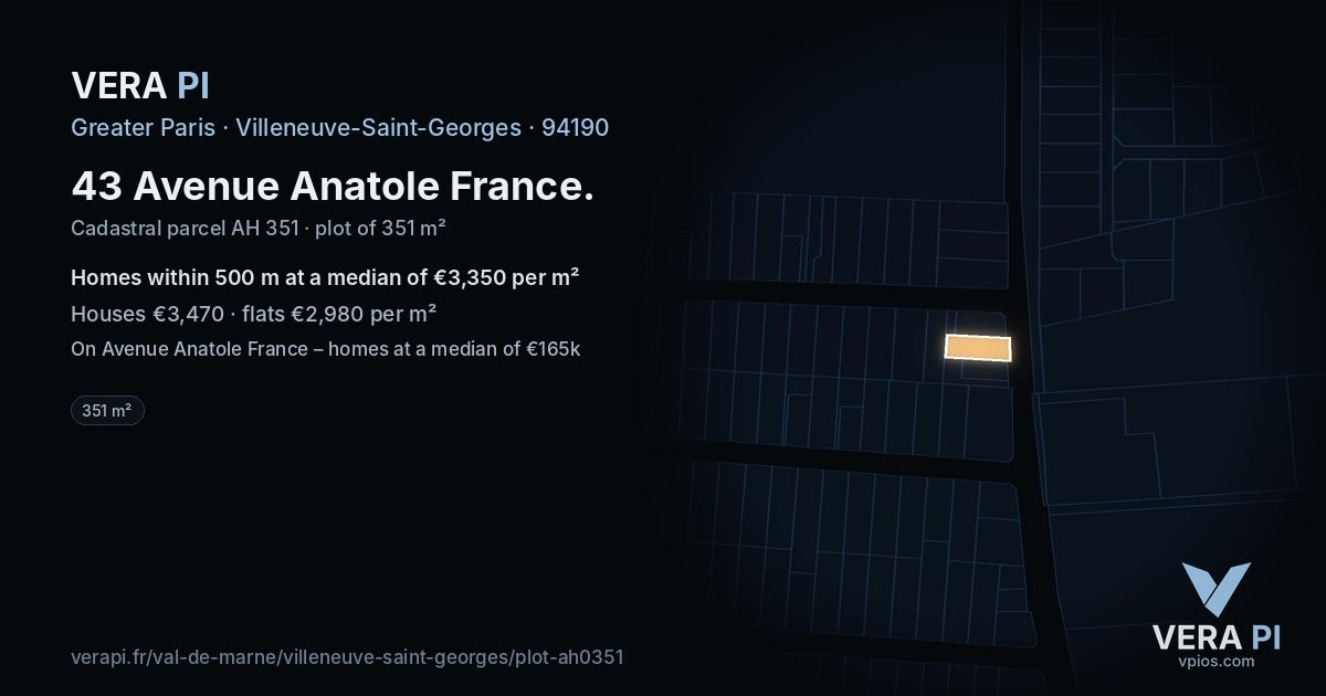 43 Avenue Anatole France, Villeneuve-Saint-Georges at night – the plot lit, the parcels around coloured by the prices near them