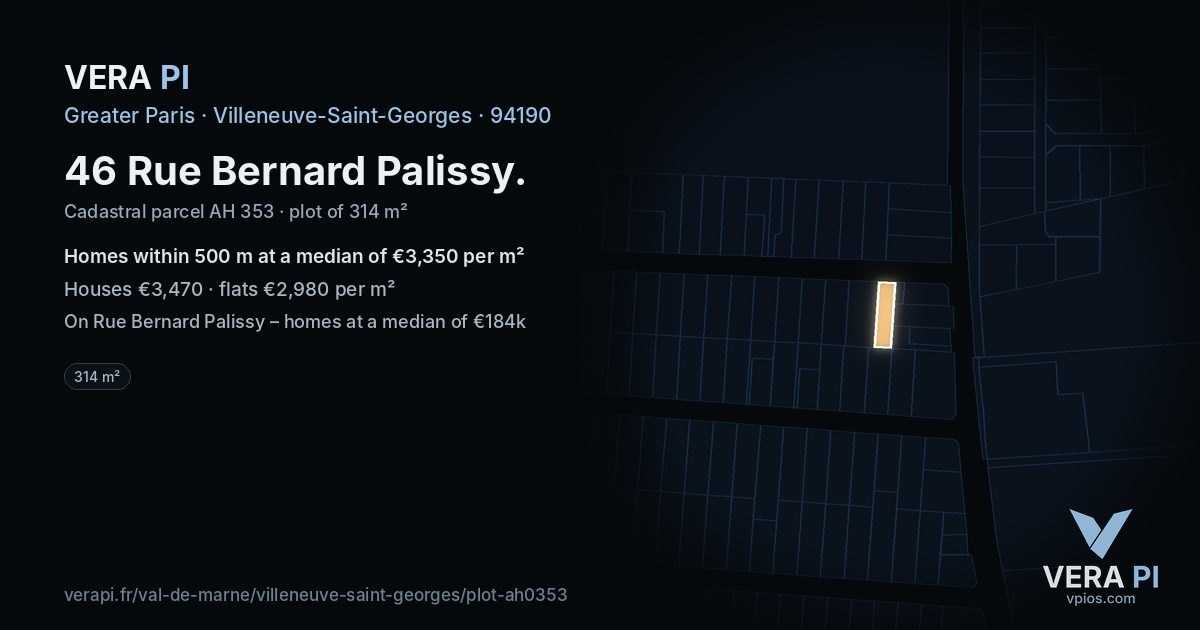 46 Rue Bernard Palissy, Villeneuve-Saint-Georges at night – the plot lit, the parcels around coloured by the prices near them