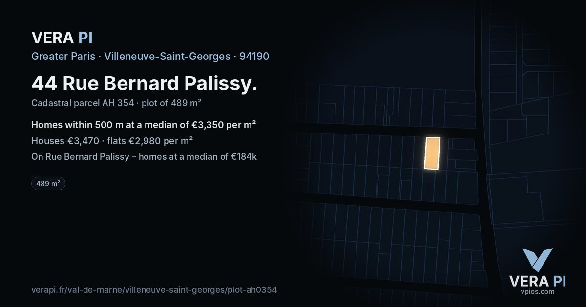 44 Rue Bernard Palissy, Villeneuve-Saint-Georges at night – the plot lit, the parcels around coloured by the prices near them