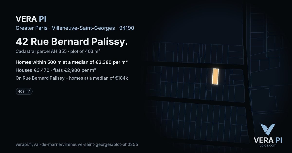 42 Rue Bernard Palissy, Villeneuve-Saint-Georges at night – the plot lit, the parcels around coloured by the prices near them
