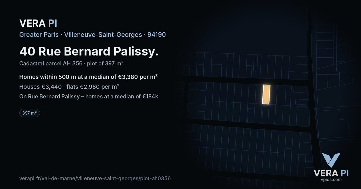 40 Rue Bernard Palissy, Villeneuve-Saint-Georges at night – the plot lit, the parcels around coloured by the prices near them