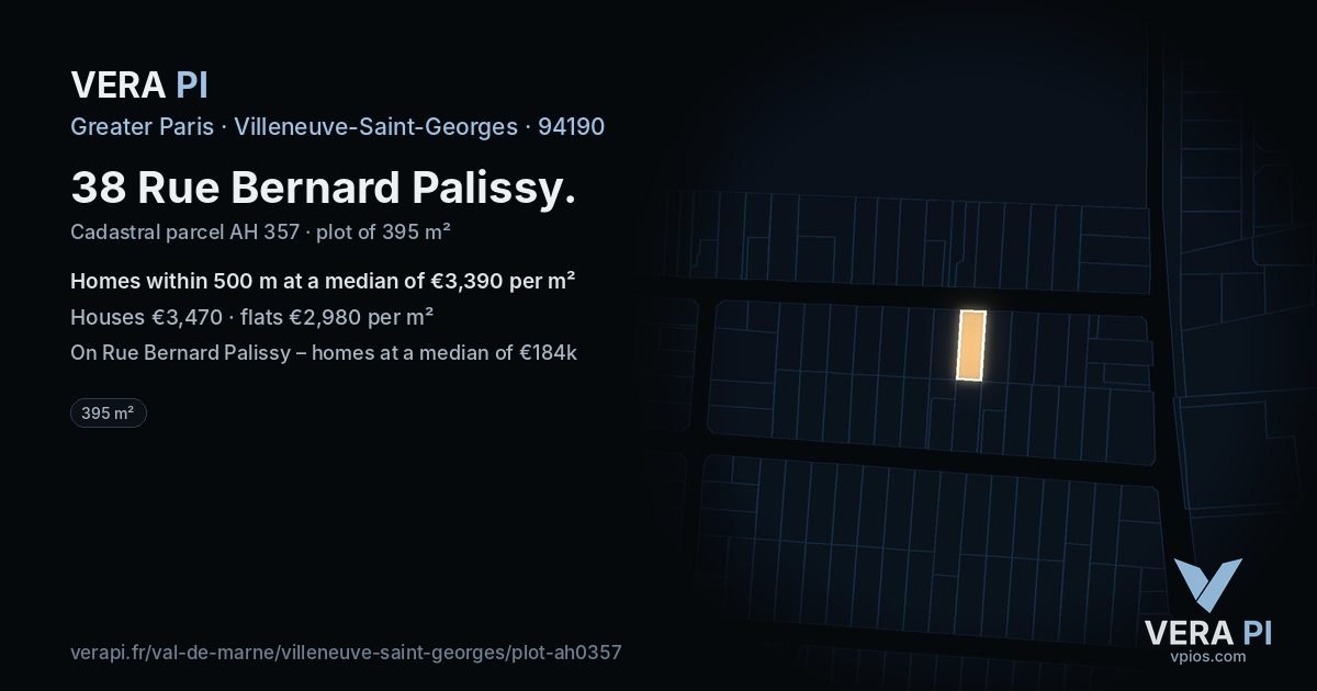 38 Rue Bernard Palissy, Villeneuve-Saint-Georges at night – the plot lit, the parcels around coloured by the prices near them