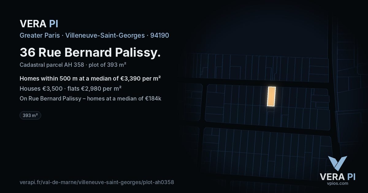 36 Rue Bernard Palissy, Villeneuve-Saint-Georges at night – the plot lit, the parcels around coloured by the prices near them