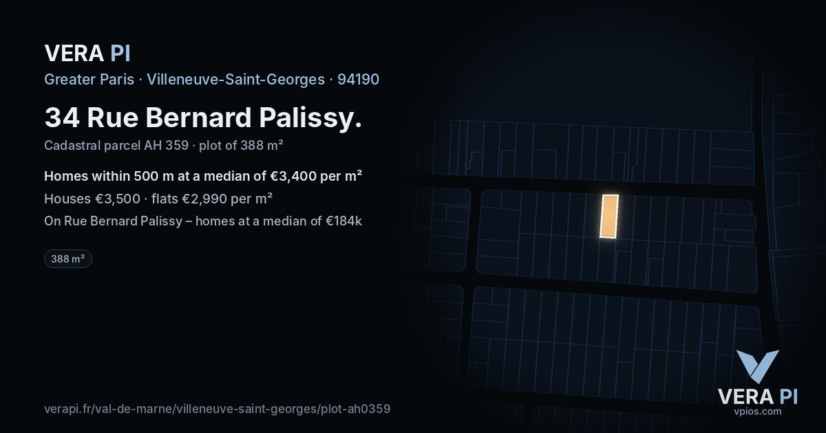 34 Rue Bernard Palissy, Villeneuve-Saint-Georges at night – the plot lit, the parcels around coloured by the prices near them