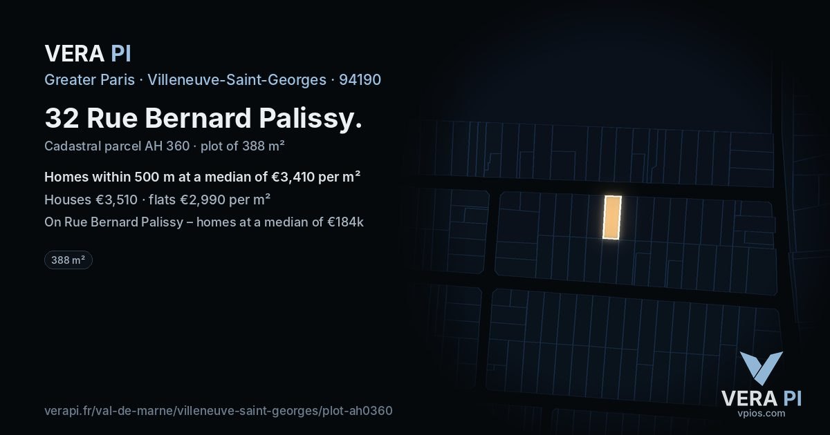 32 Rue Bernard Palissy, Villeneuve-Saint-Georges at night – the plot lit, the parcels around coloured by the prices near them