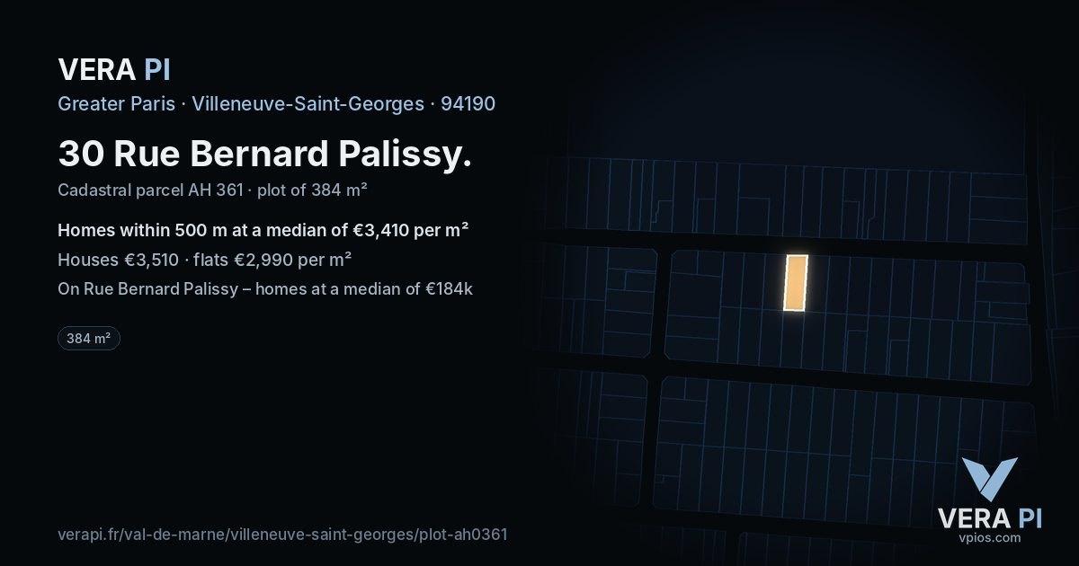 30 Rue Bernard Palissy, Villeneuve-Saint-Georges at night – the plot lit, the parcels around coloured by the prices near them