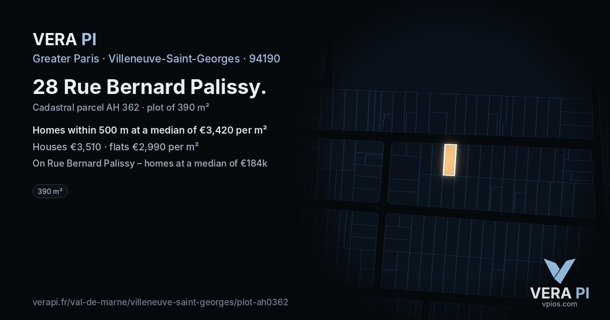 28 Rue Bernard Palissy, Villeneuve-Saint-Georges at night – the plot lit, the parcels around coloured by the prices near them